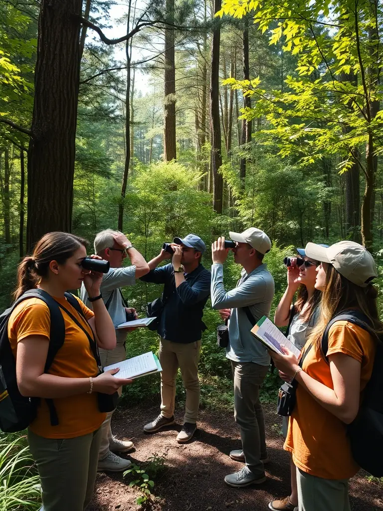 A photograph showcasing members of ASSOCIATION COMMUNALE DE CHASSE AGREEE DE LA CHAPELLE D ALAGNON conducting a wildlife census, using binoculars and notebooks to record animal sightings in a designated area.