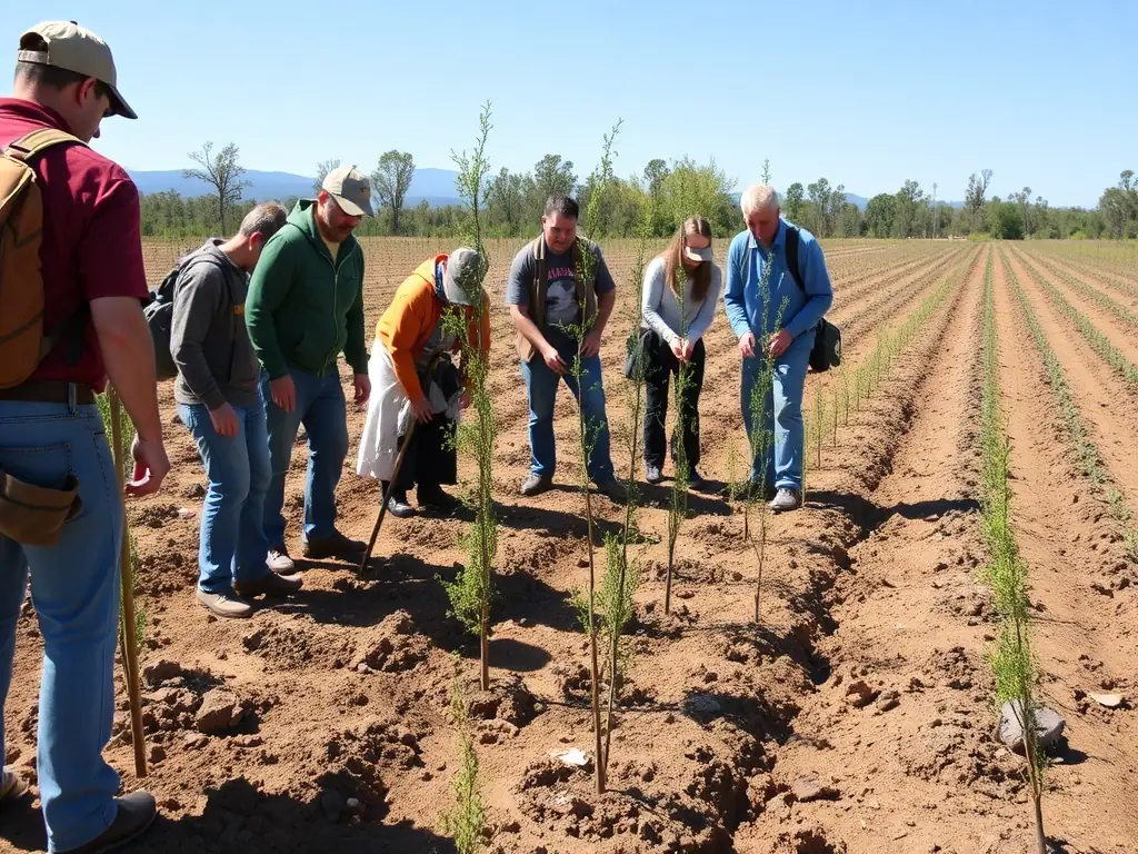A group of volunteers planting trees in a deforested area, symbolizing habitat restoration efforts by ASSOCIATION COMMUNALE DE CHASSE AGREEE DE LA CHAPELLE D ALAGNON.