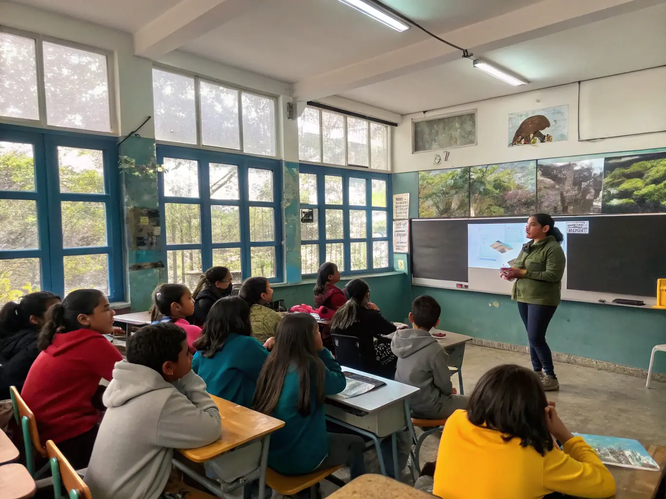 A classroom setting where instructors are teaching children about wildlife conservation, highlighting the educational programs of ASSOCIATION COMMUNALE DE CHASSE AGREEE DE LA CHAPELLE D ALAGNON.