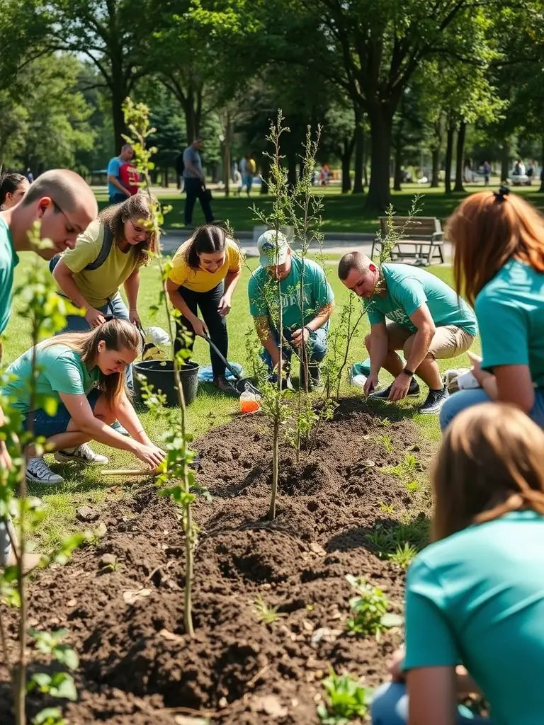 A photograph capturing a group of volunteers planting trees in a deforested area, symbolizing habitat restoration efforts by the ASSOCIATION COMMUNALE DE CHASSE AGREEE DE LA CHAPELLE D ALAGNON.