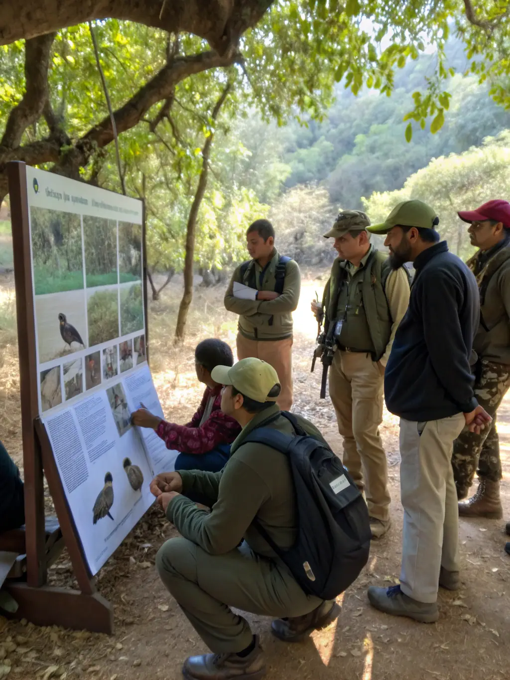 A photograph of a community workshop where experts are teaching local residents about wildlife conservation and responsible hunting practices.