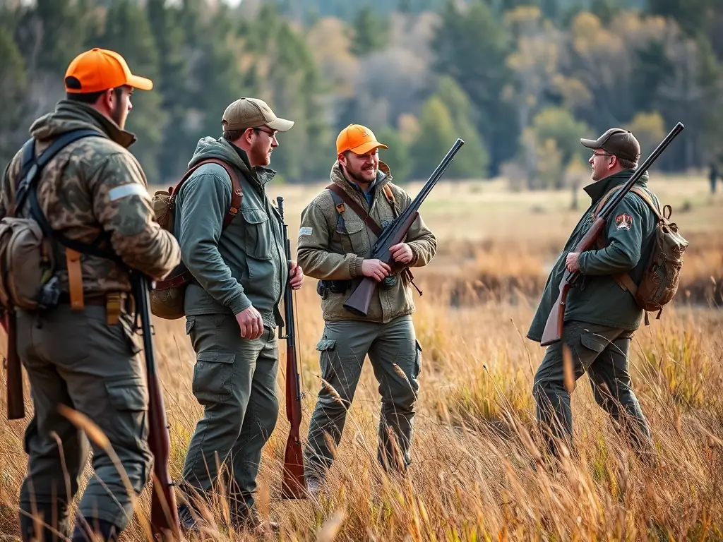 A photograph of hunters participating in a controlled hunt, showcasing responsible hunting practices promoted by ASSOCIATION COMMUNALE DE CHASSE AGREEE DE LA CHAPELLE D ALAGNON.