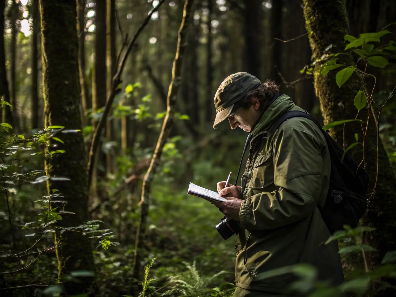 A photograph showcasing a wildlife management expert conducting a population survey of a local deer species in the forests of La Chapelle d'Alagnon. The image should highlight the scientific approach to wildlife conservation.