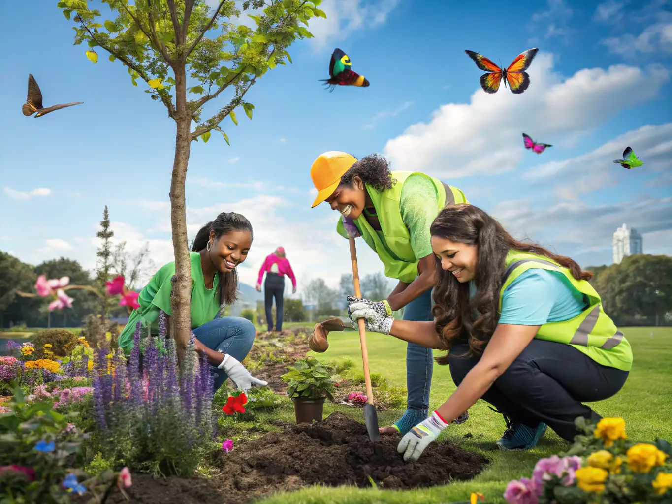 A photograph depicting a group of volunteers planting trees as part of a habitat restoration project in La Chapelle d'Alagnon. The image should convey a sense of community involvement and environmental stewardship.