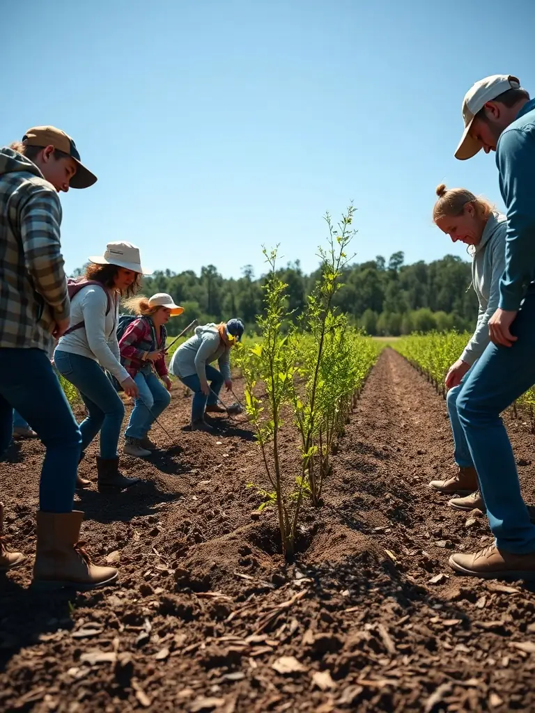 A photograph depicting volunteers from ASSOCIATION COMMUNALE DE CHASSE AGREEE DE LA CHAPELLE D ALAGNON participating in a habitat restoration project, planting native trees and shrubs in a deforested area to enhance biodiversity.