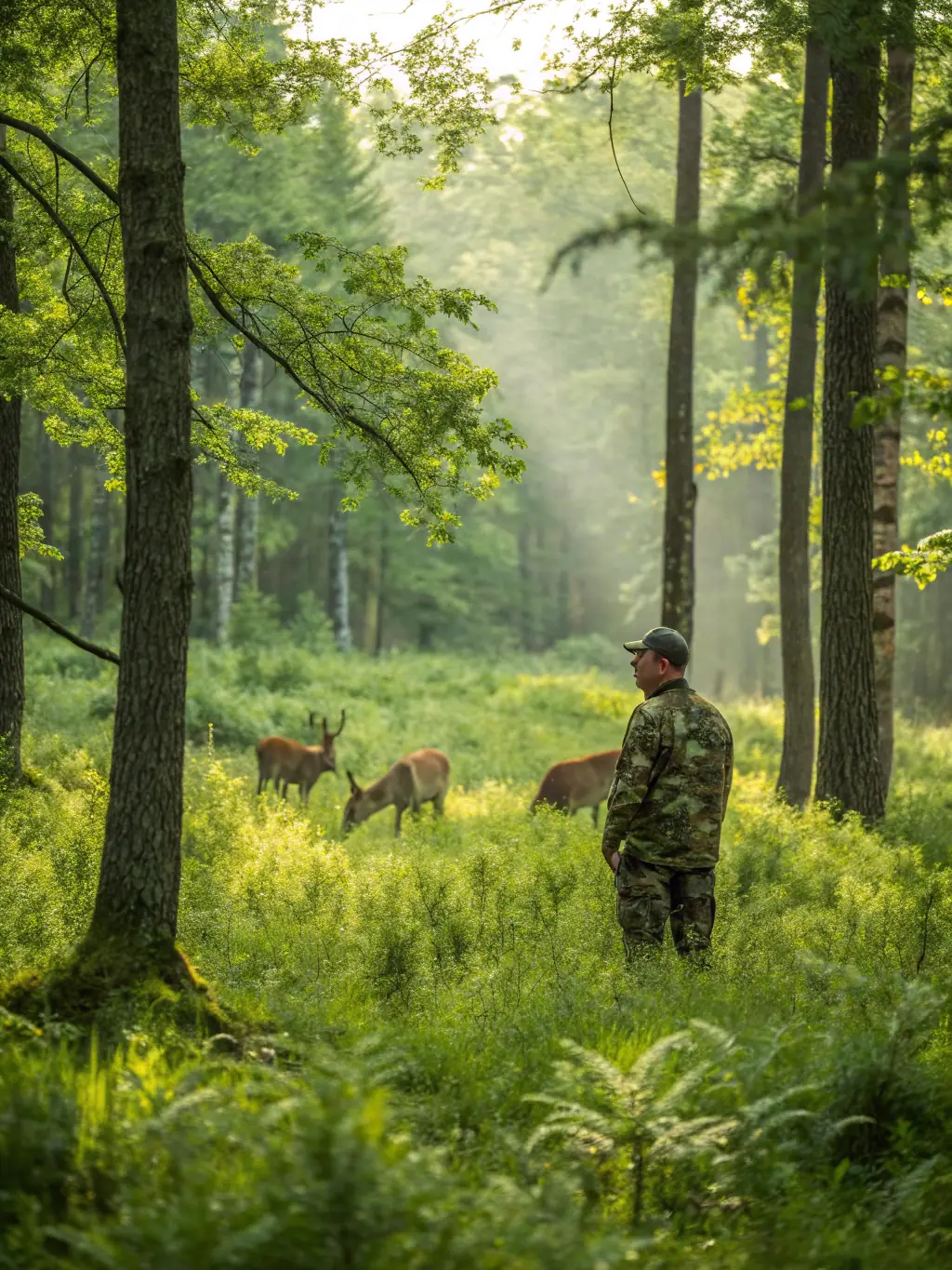 A close-up shot of a wildlife biologist monitoring a deer population using tracking equipment, showcasing the scientific approach to wildlife management.